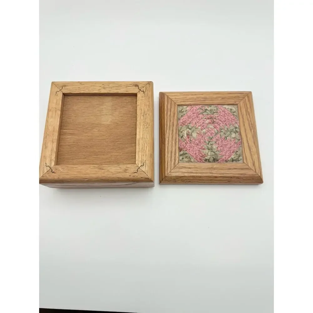 Vintage Handmade Embroidered Quilt Wooden 5x5 Square Trinket Box Cottage Core